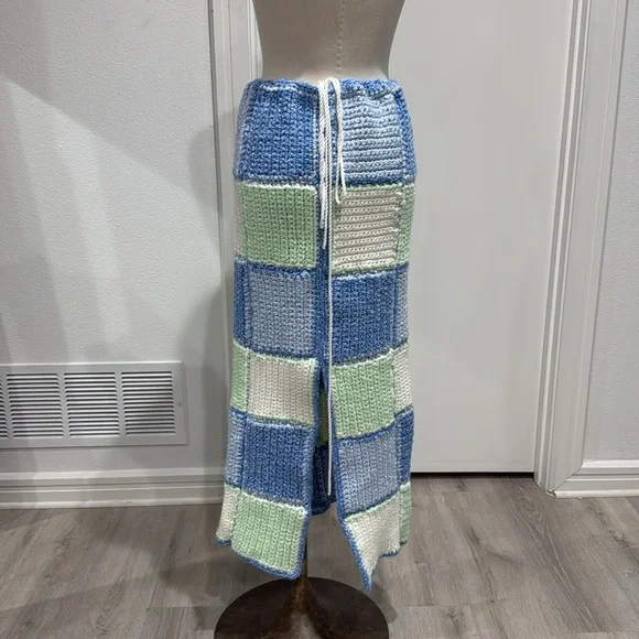 Handmade Knit Crochet Blue Green and White Skirt - Picture 3 of 10